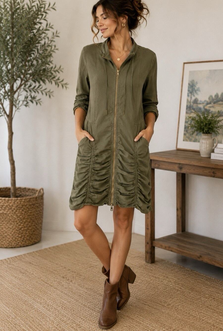 XCVI Wearable Olive Ruched Zip Frnt Tunic Jkt Med Ctn Stretch Utility Lagen look
